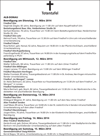Anzeige von Totentafel vom 11.03.2014 von Schwäbische Zeitung
