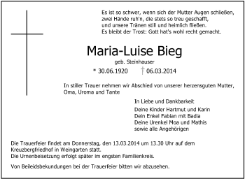 Anzeige von Maria-Luise Bieg von Schwäbische Zeitung