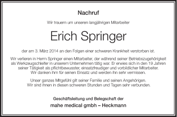 Anzeige von Erich Springer von Schwäbische Zeitung