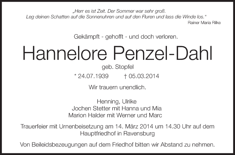  Traueranzeige für Hannelore Penzel-Dahl vom 11.03.2014 aus Schwäbische Zeitung