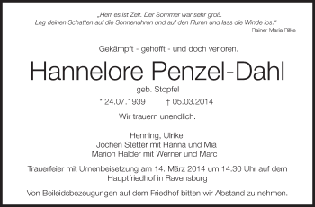 Anzeige von Hannelore Penzel-Dahl von Schwäbische Zeitung
