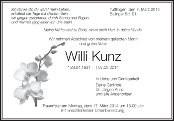 Anzeige von Willi Kunz von Schwäbische Zeitung