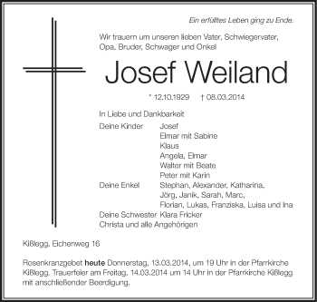 Anzeige von Josef Weiland von Schwäbische Zeitung