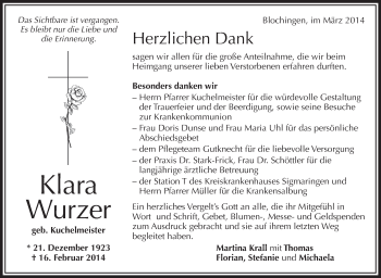 Anzeige von Klara Wurzer von Schwäbische Zeitung