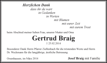 Anzeige von Gertrud Braig von Schwäbische Zeitung