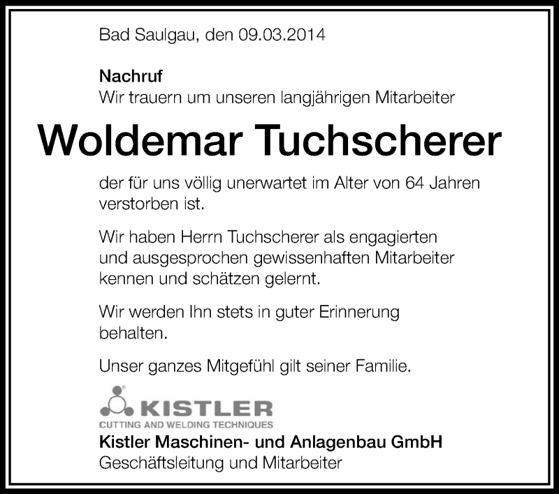  Traueranzeige für Woldemar Tuchscherer vom 13.03.2014 aus Schwäbische Zeitung