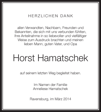 Anzeige von Horst Hamatschek von Schwäbische Zeitung