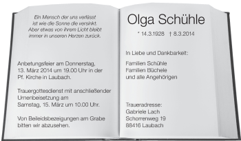 Anzeige von Olga Schühle von Schwäbische Zeitung