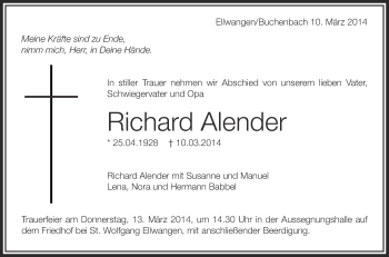 Anzeige von Richard Alender von Schwäbische Zeitung