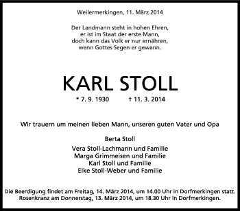 Anzeige von Karl Stoll von Schwäbische Zeitung