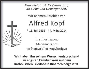 Anzeige von Alfred Kopf von Schwäbische Zeitung