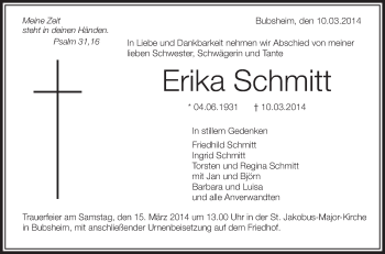 Anzeige von Erika Schmitt von Schwäbische Zeitung