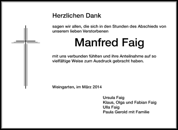 Anzeige von Manfred Faig von Schwäbische Zeitung