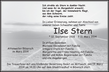 Anzeige von Ilse Stern von Schwäbische Zeitung