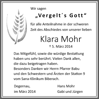 Anzeige von Klara Mohr von Schwäbische Zeitung