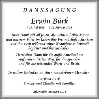 Anzeige von Erwin Bürk von Schwäbische Zeitung