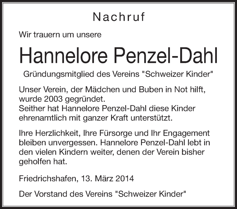  Traueranzeige für Hannelore Penzel-Dahl vom 14.03.2014 aus Schwäbische Zeitung
