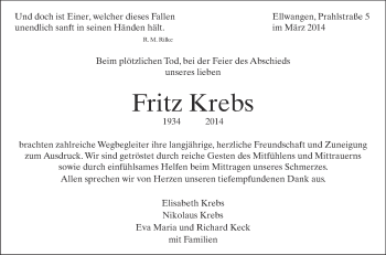 Anzeige von Fritz Krebs von Schwäbische Zeitung