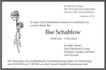 Anzeige von Ilse Schablow von Schwäbische Zeitung