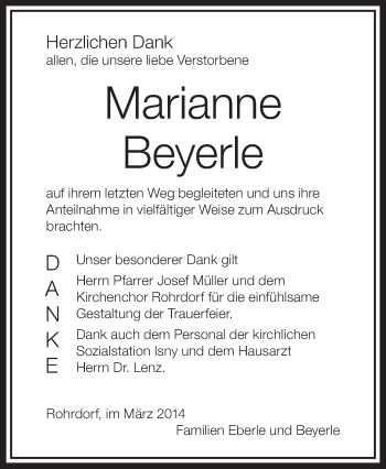 Anzeige von Marianne Beyerle von Schwäbische Zeitung
