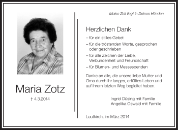 Anzeige von Maria Zotz von Schwäbische Zeitung