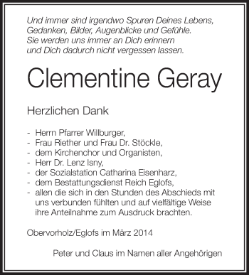 Anzeige von Clementine Geray von Schwäbische Zeitung