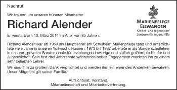 Anzeige von Richard Alender von Schwäbische Zeitung