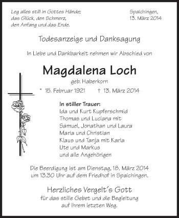 Anzeige von Magdalena Loch von Schwäbische Zeitung