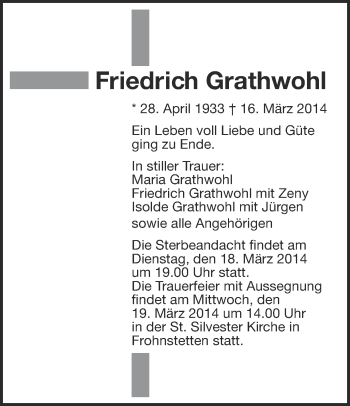 Anzeige von Friedrich Grathwohl von Schwäbische Zeitung