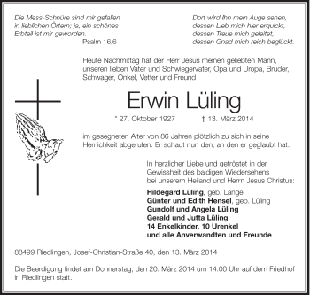 Anzeige von Erwin Lüling von Schwäbische Zeitung