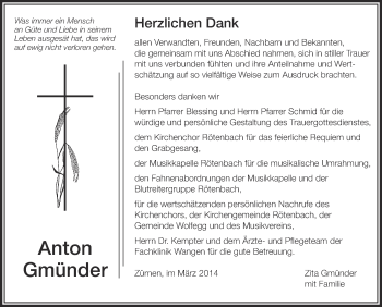 Anzeige von Anton Gmünder von Schwäbische Zeitung