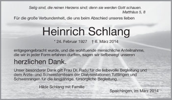Anzeige von Heinrich Schlang von Schwäbische Zeitung