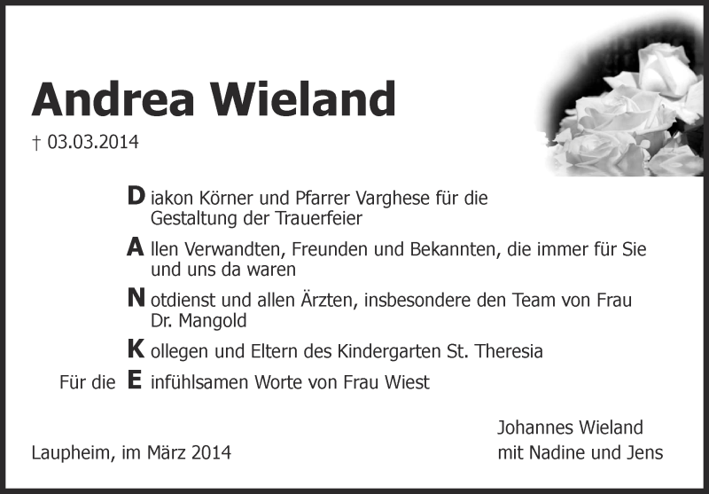  Traueranzeige für Andrea Wieland vom 19.03.2014 aus Schwäbische Zeitung