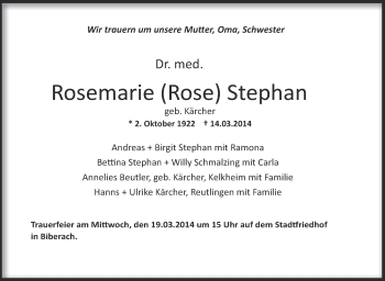 Anzeige von Rosemarie  Stephan von Schwäbische Zeitung