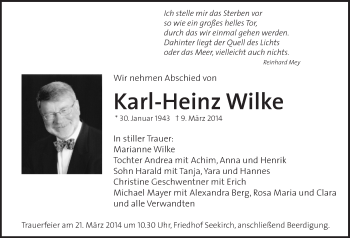 Anzeige von Karl-Heinz Wilke von Schwäbische Zeitung