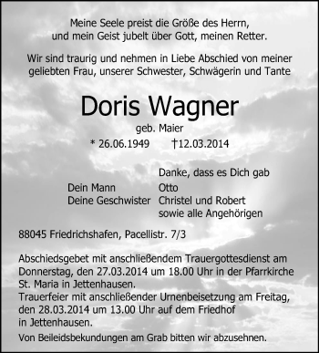 Anzeige von Doris Wagner von Schwäbische Zeitung