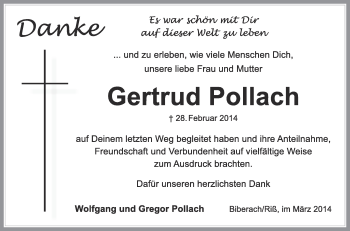 Anzeige von Gertrud Pollach von Schwäbische Zeitung
