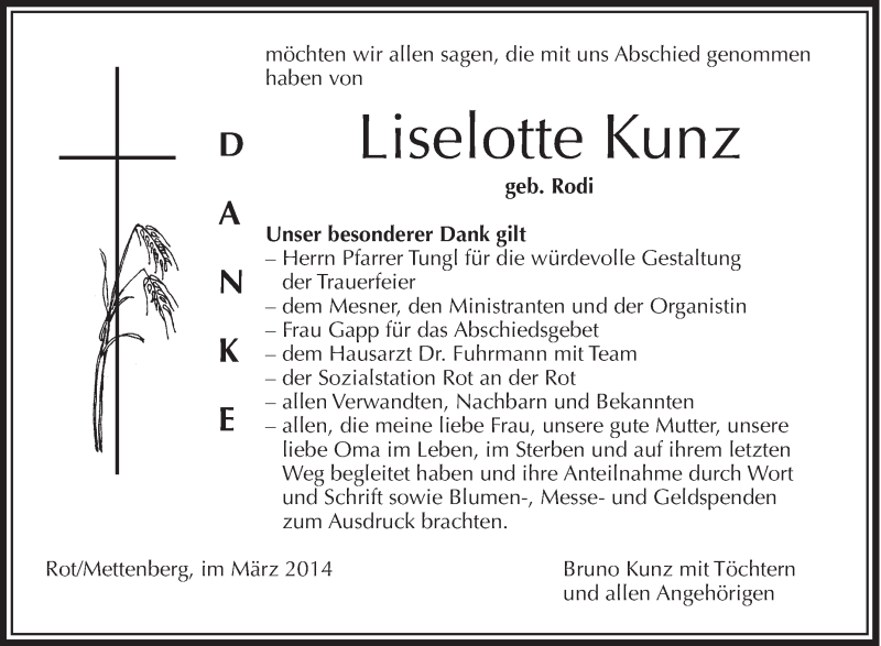  Traueranzeige für Liselotte Kunz vom 25.03.2014 aus Schwäbische Zeitung