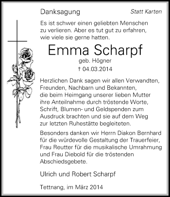 Anzeige von Emma Scharpf von Schwäbische Zeitung
