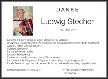 Anzeige von Ludwig Stecher von Schwäbische Zeitung