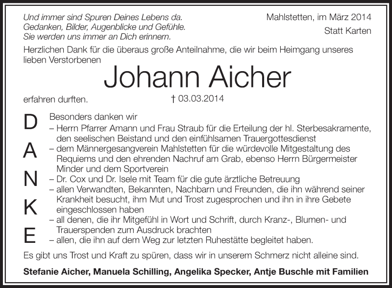  Traueranzeige für Johann Aicher vom 22.03.2014 aus Schwäbische Zeitung