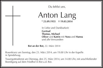 Anzeige von Anton Lang von Schwäbische Zeitung