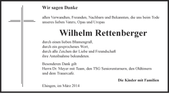 Anzeige von Wilhelm Rettenberger von Schwäbische Zeitung
