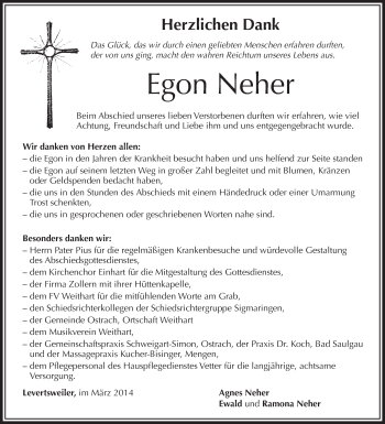 Anzeige von Egon Neher von Schwäbische Zeitung