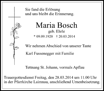 Anzeige von Maria Bosch von Schwäbische Zeitung