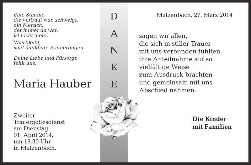  Traueranzeige für Maria Hauber vom 27.03.2014 aus Schwäbische Zeitung
