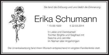 Anzeige von Erika Schumann von Schwäbische Zeitung
