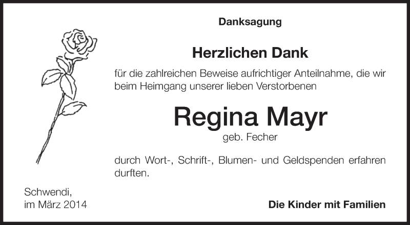  Traueranzeige für Regina Mayr vom 26.03.2014 aus Schwäbische Zeitung