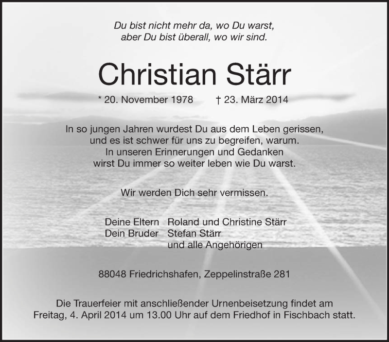  Traueranzeige für Christian Stärr vom 31.03.2014 aus Schwäbische Zeitung