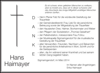 Anzeige von Hans Haimayer von Schwäbische Zeitung